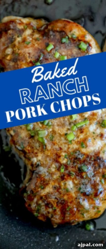 A beautifully baked ranch pork chop with chives, resting in a skillet, ready to be served.
