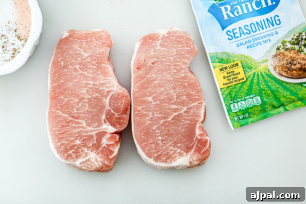 Raw pork chops alongside packets of ranch seasoning, ready for marinade.