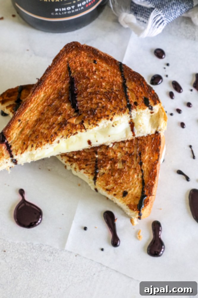 Gourmet grilled cheese sandwich with a rich red wine reduction sauce drizzled on top, emphasizing its cheesy, crunchy, and gooey texture.
