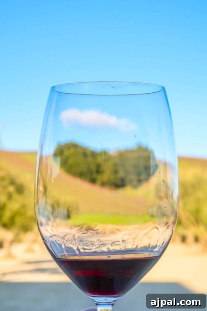 A wine glass with a picturesque heart-shaped vineyard hill in the background, symbolizing the love for California wines and scenic beauty.