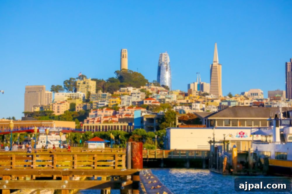 A breathtaking panoramic view of the San Francisco cityscape from Fisherman's Wharf, with the bay and iconic buildings under a clear sky.