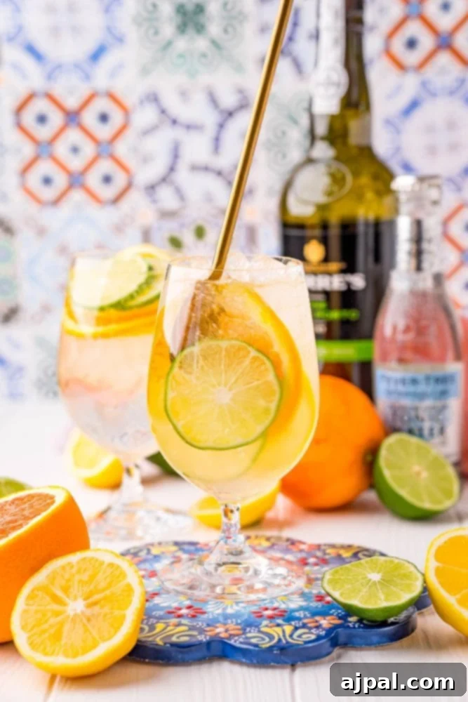 Crafting the Perfect Port and Tonic 11 A wonderfully refreshing sparkling Port drink, artfully garnished with lime and orange slices, sitting on a table ready to be enjoyed.