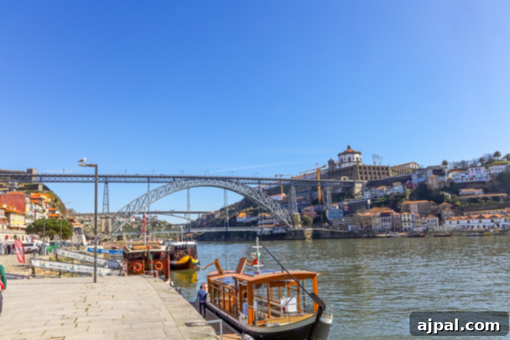Crafting the Perfect Port and Tonic 15 A picturesque view of a bridge gracefully spanning over the Douro River in Porto, Portugal, with boats docked peacefully at the port.