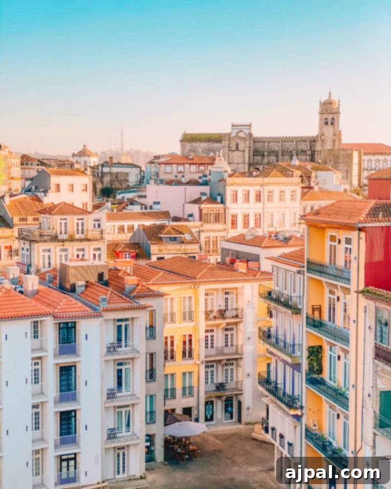 Crafting the Perfect Port and Tonic 22 A breathtaking panoramic view of the Porto skyline, showcasing colorful buildings and a prominent church, seen from a high vantage point.