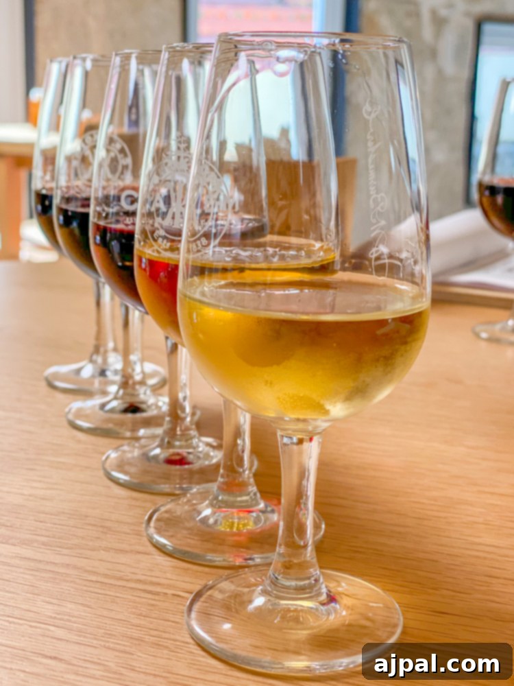 Crafting the Perfect Port and Tonic 10 A row of five wine glasses, each containing a different variety of port wine, neatly arranged on a table for a tasting session in Porto.