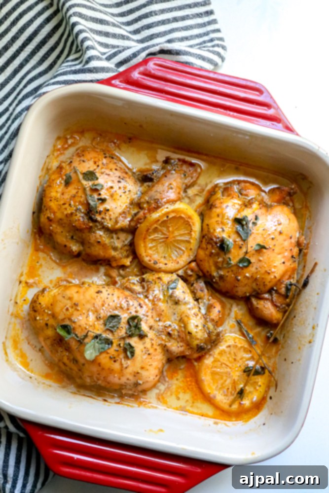 Zesty Mediterranean Chicken Thighs 4 Three golden-brown Greek chicken thighs arranged in a baking dish with lemon wedges and fresh oregano sprigs.