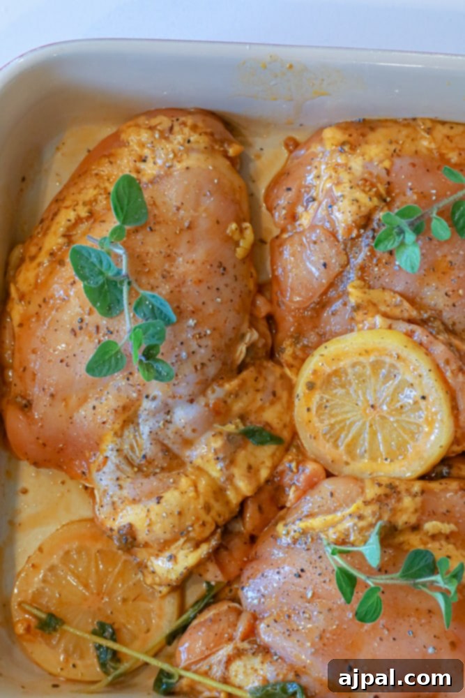 Zesty Mediterranean Chicken Thighs 6 Raw chicken thighs marinating in a bowl with lemon slices and fresh oregano sprigs.