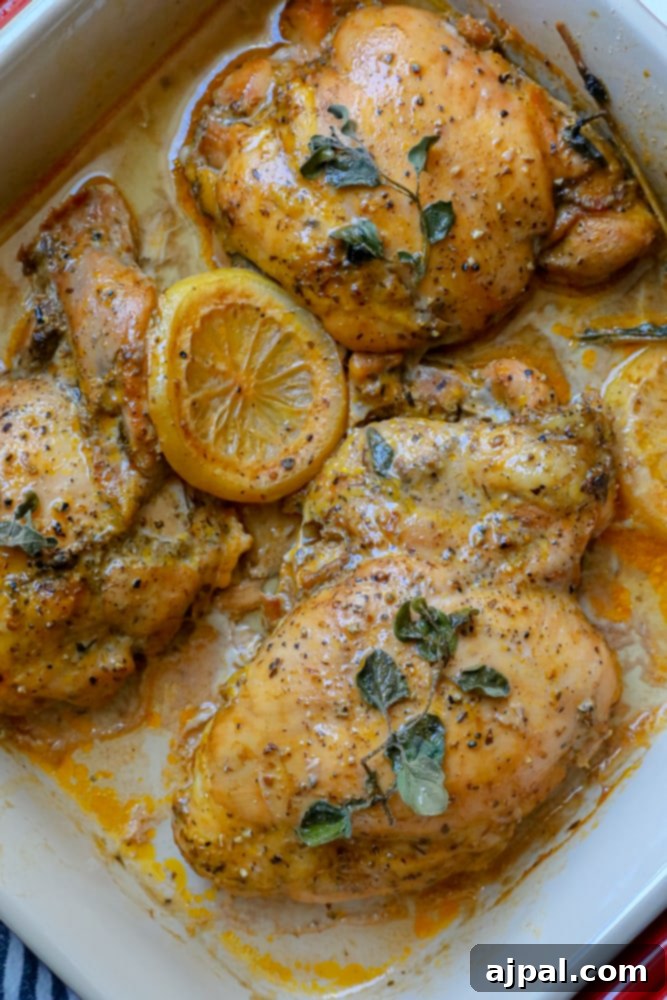 Zesty Mediterranean Chicken Thighs 7 Baked chicken thighs in a pan, garnished with lemon wedges and fresh oregano.