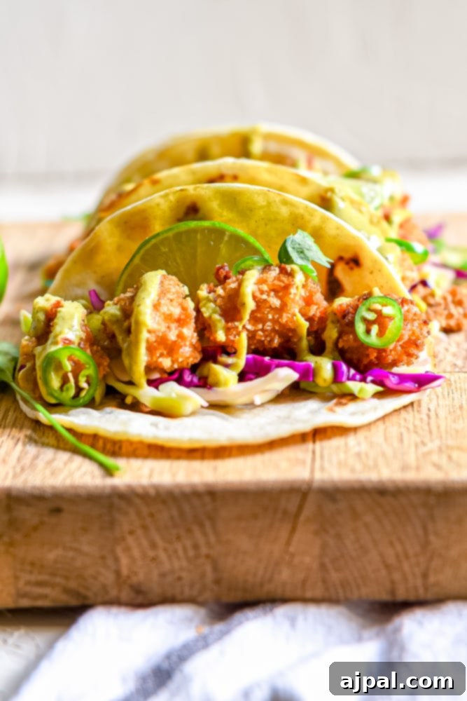 Line of golden brown fried chicken tacos topped with fresh cilantro and lime wedges on a wooden cutting board.