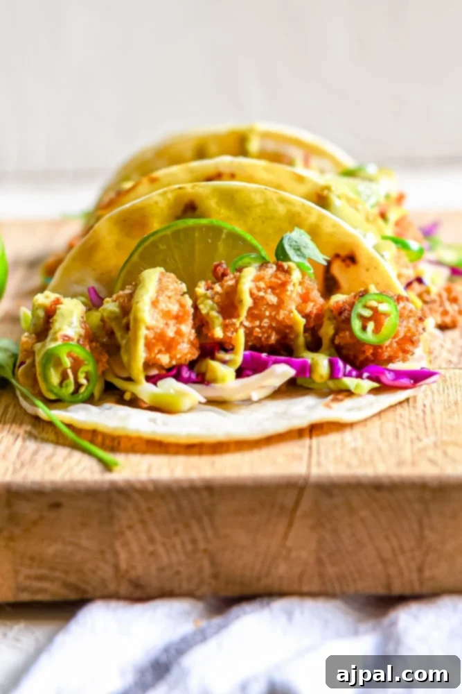 Crispy Chicken Tacos 2 Crispy fried chicken tacos arranged neatly in a row on a wooden cutting board, garnished with fresh lime wedges and cilantro. A bowl of creamy tomatillo avocado salsa sits nearby.