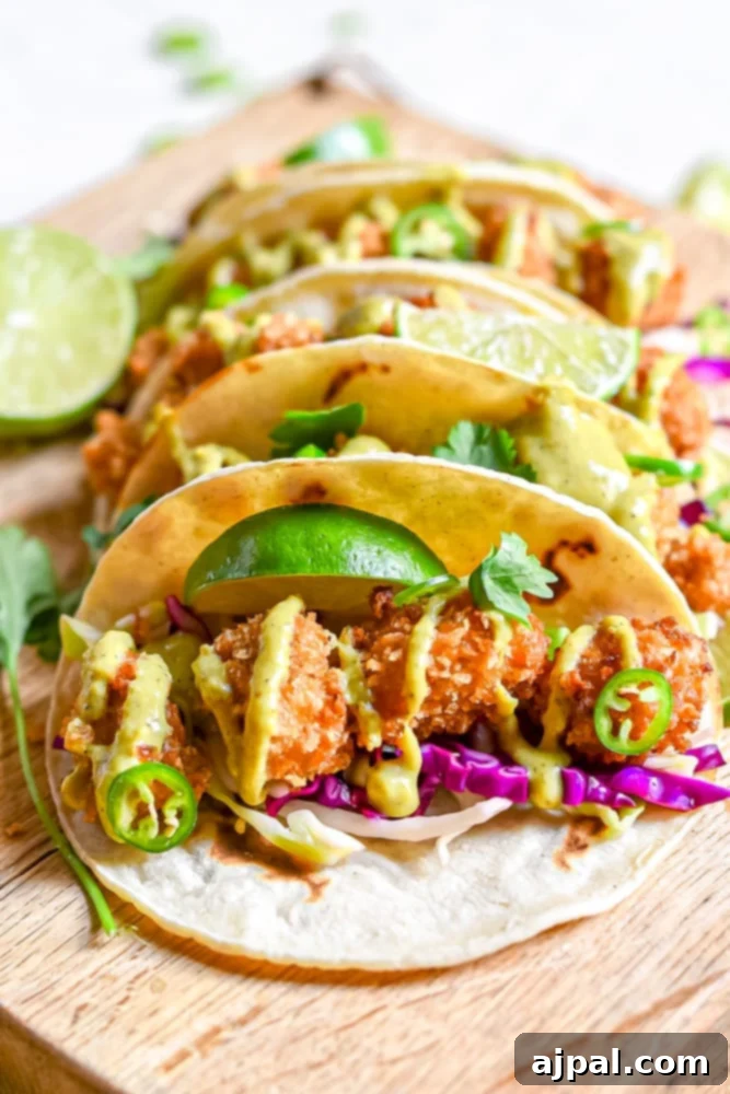 Crispy Chicken Tacos 4 A close-up view of a fried chicken taco, showcasing the golden-fried chicken, crisp cabbage, and creamy salsa, nestled in a soft tortilla.