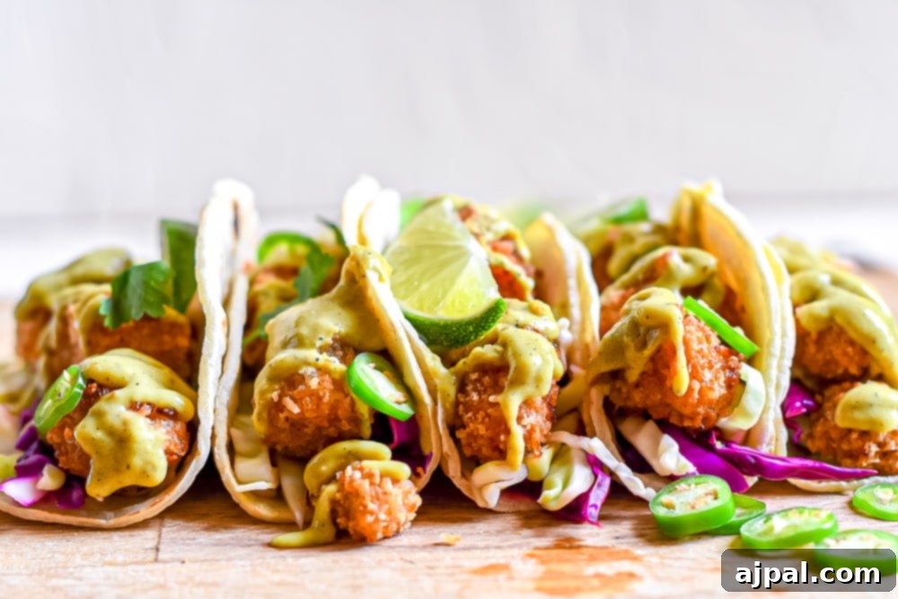 An overhead view of The Best Fried Chicken Tacos Recipe, artfully arranged and served on a wooden cutting board.