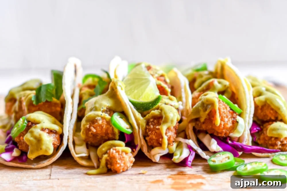 Crispy Chicken Tacos 5 An inviting spread of freshly made fried chicken tacos, artfully arranged on a wooden cutting board, with various toppings and ingredients in the background, signaling a delicious meal.