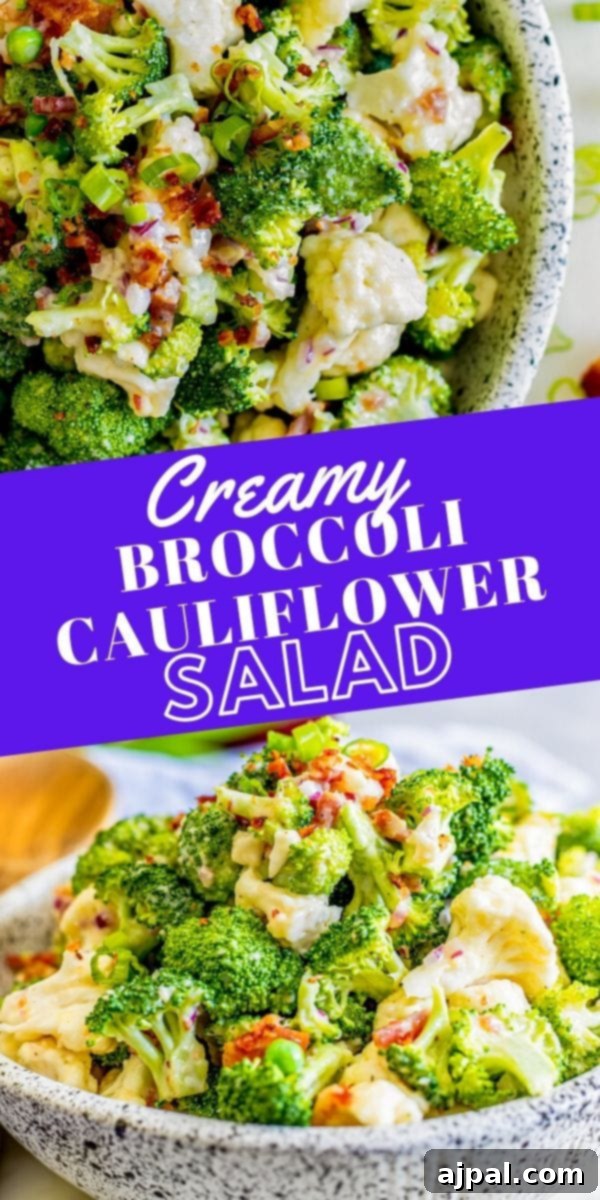 broccoli and cauliflower in a creamy dressing in a bowl 