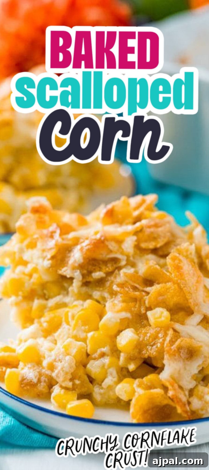 Golden Scalloped Corn Bake 12 baked scalloped corn with crunchy cornflakes on a white plate