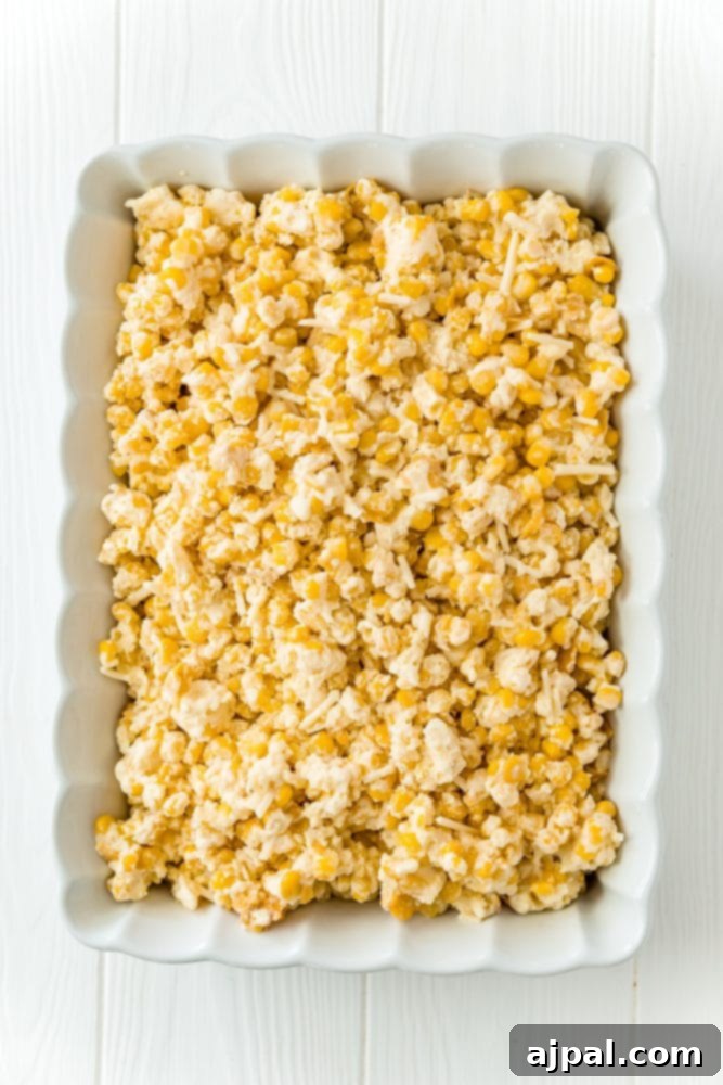 Golden Scalloped Corn Bake 7 scalloped corn mixture in casserole dish to be baked