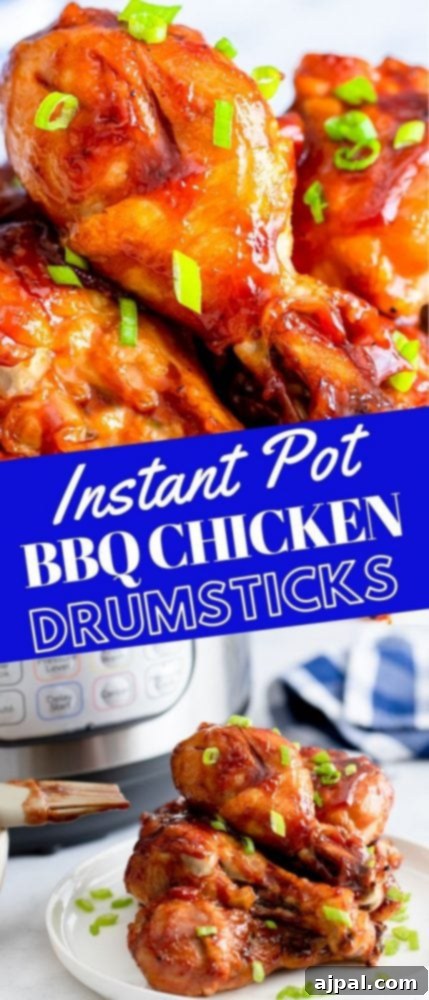 A person holding a BBQ chicken drumstick in front of an Instant Pot, emphasizing the ultimate convenience and deliciousness of this recipe.