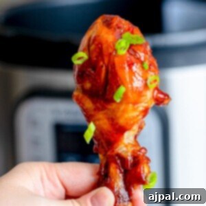 A person holding a frozen chicken leg in front of an Instant Pot.
