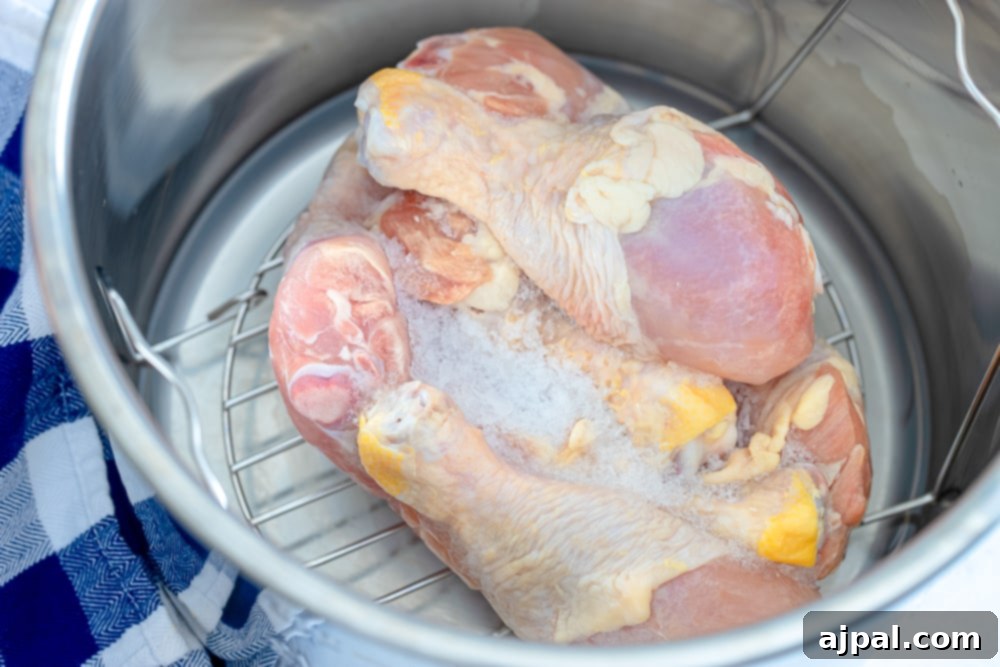 Raw chicken legs arranged on a trivet inside an Instant Pot, ready for pressure cooking.