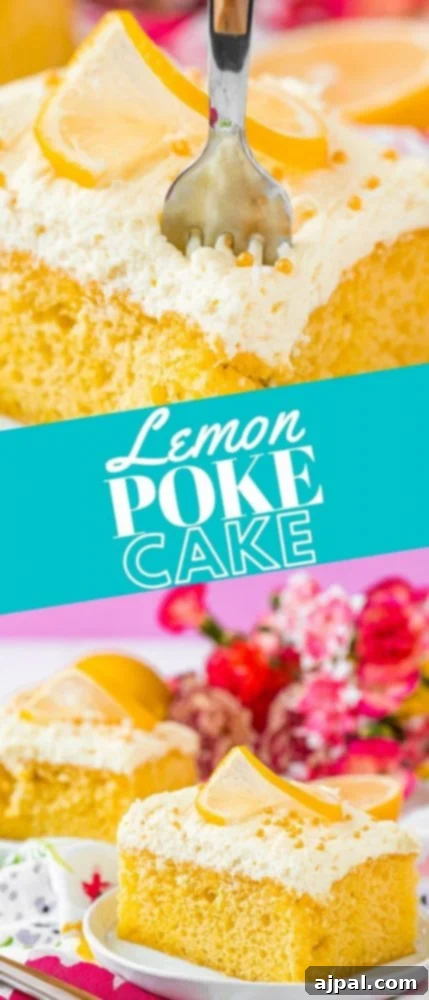 A beautifully presented slice of Lemon Poke Cake on a plate, highlighting its layers of moist cake, infused Jello, and light, creamy frosting.