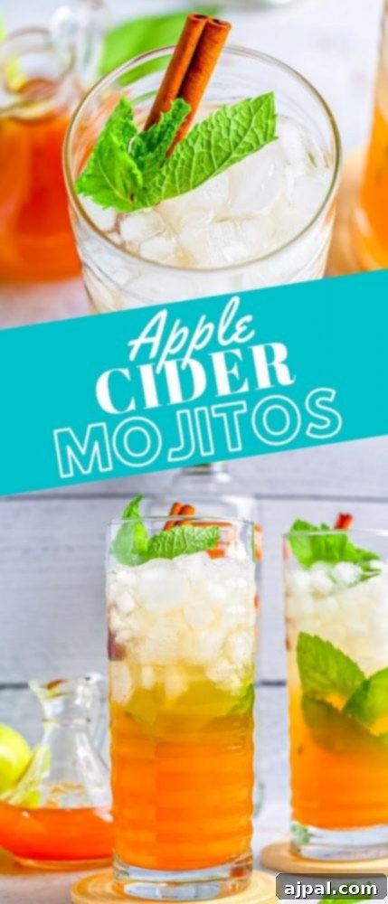 apple cider mojitos in glass with mint and cinnamon sticks, beautifully garnished.