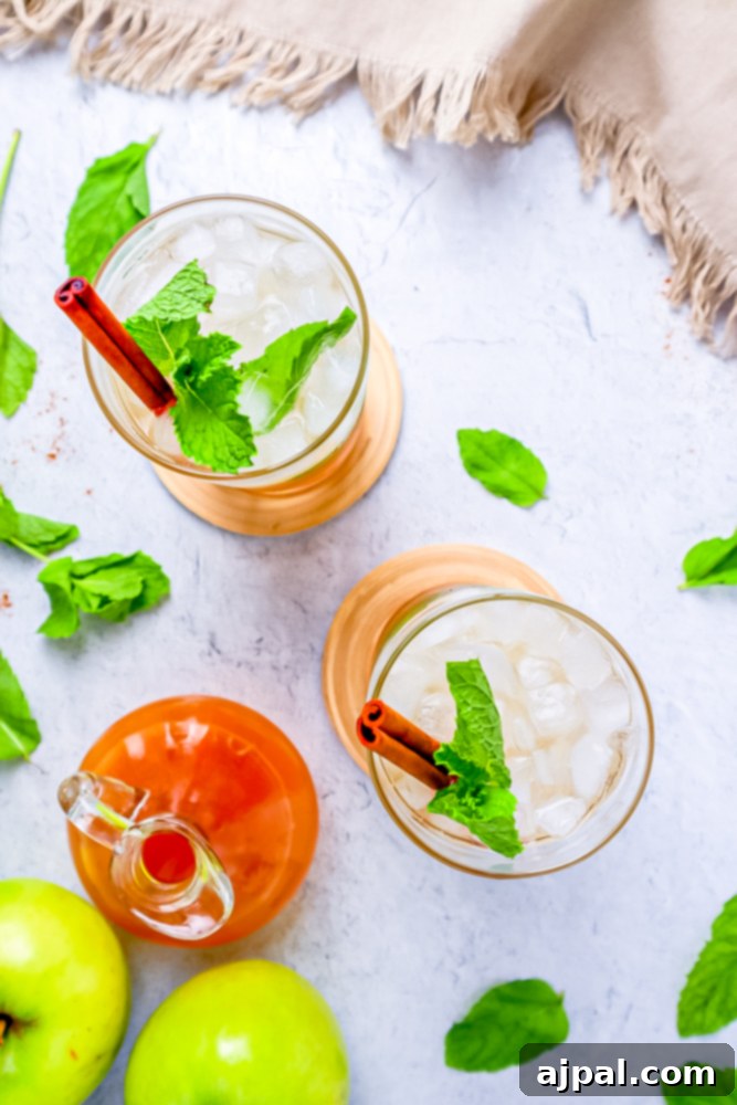 Two glasses of apple juice with mint leaves on a table, resembling an Apple Mojitos Recipe, ready to serve.