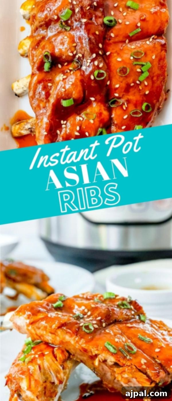 Instant Pot Sticky Asian BBQ Ribs 12 A stunning vertical shot of Instant Pot Asian Sticky Ribs on a white plate, beautifully garnished and glistening with sauce.