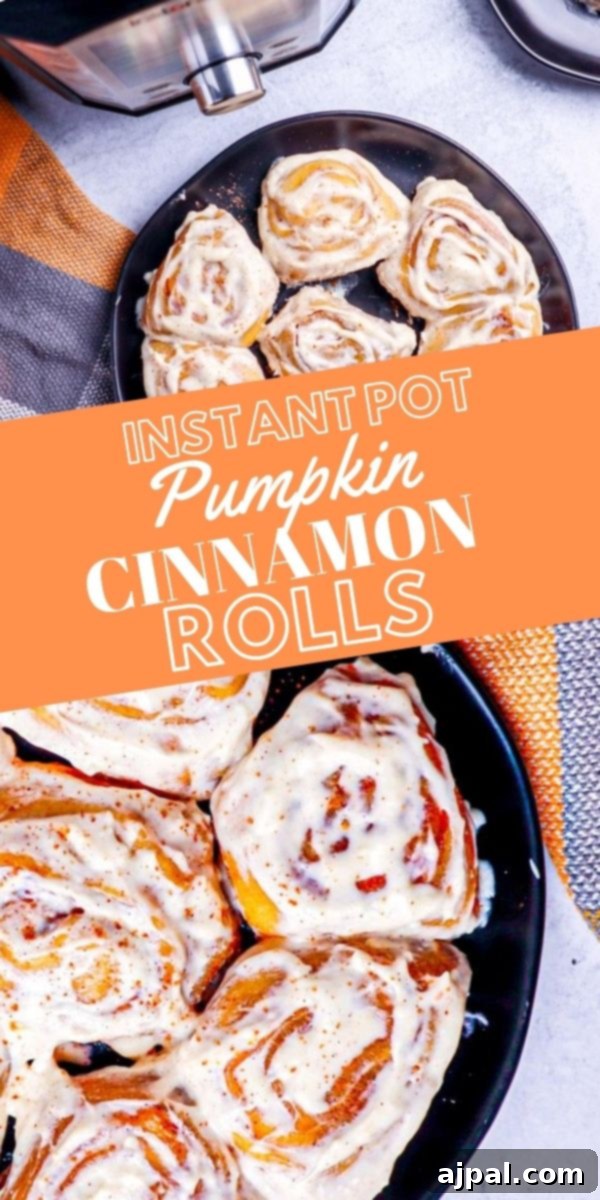 A captivating ensemble featuring fluffy pumpkin cinnamon rolls positioned invitingly next to a sleek Instant Pot, highlighting the convenience of this recipe.