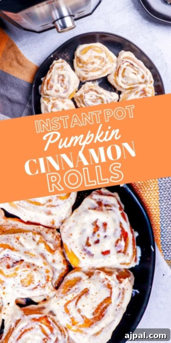 Easy Instant Pot Pumpkin Cinnamon Rolls 22 picture of pumpkin cinnamon rolls next to an instant pot