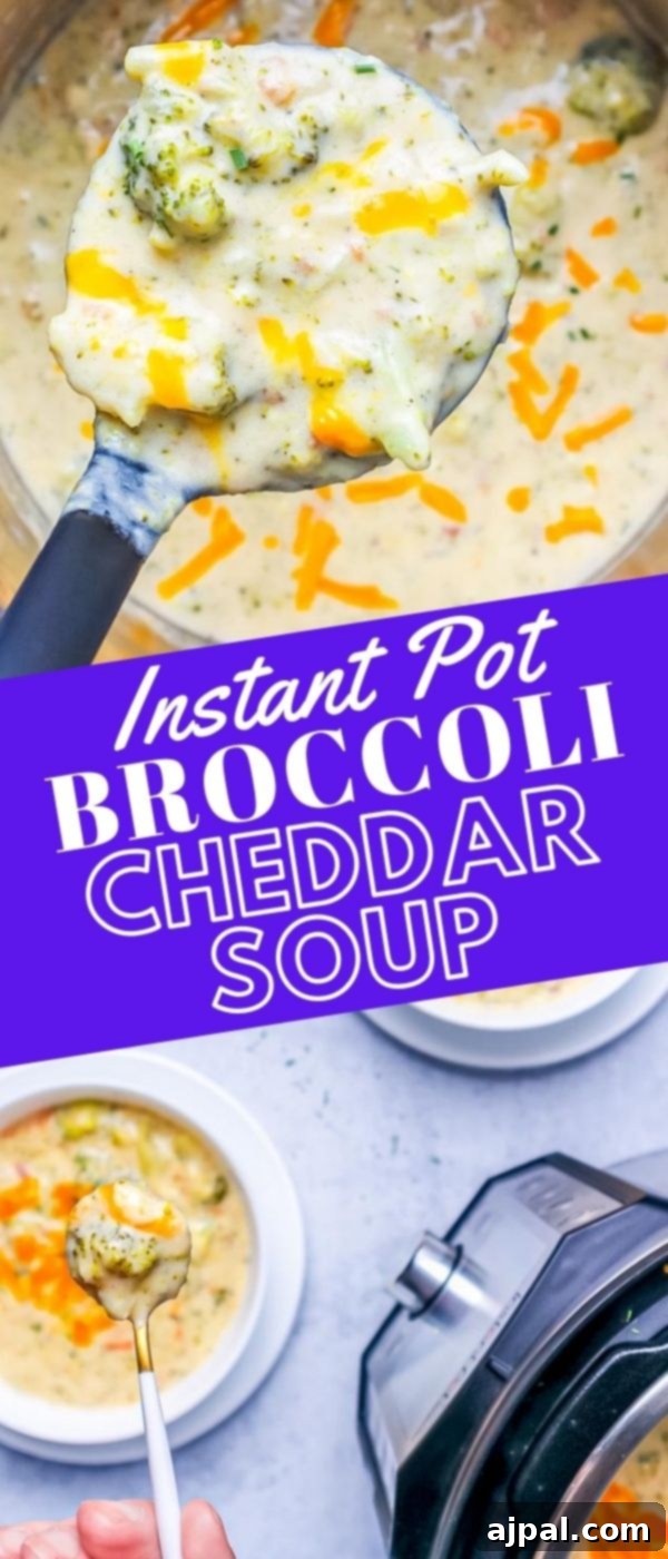 Creamy Instant Pot Keto Broccoli Cheddar Soup 13 A soup ladle generously filled with creamy keto broccoli cheese soup, held over an Instant Pot, highlights the soup's rich texture and serving appeal.