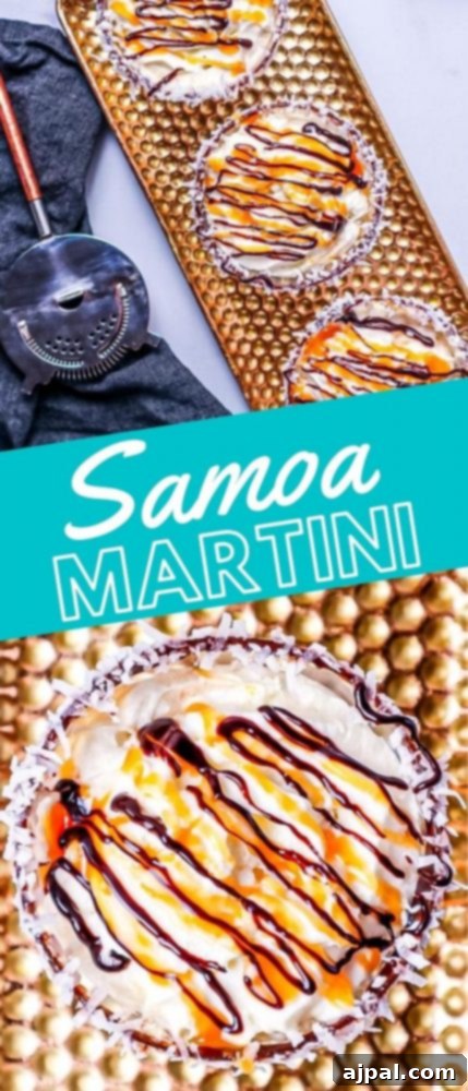 Samoa Martini Made Simple 7 A Samoa Martini with whipped cream, chocolate and caramel sauce, in a glass rimmed with chocolate and coconut flakes.