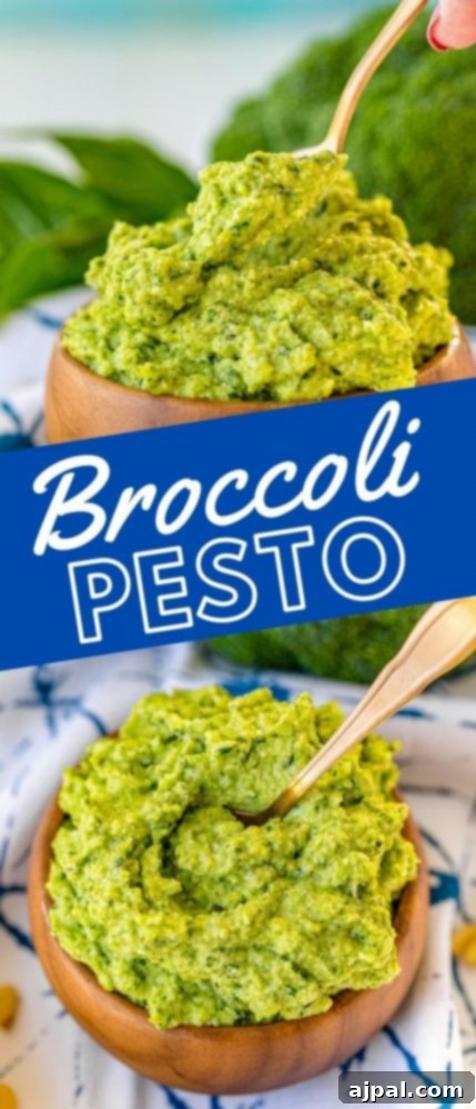 Easy and Delicious Broccoli Pesto 11 Picture of broccoli pesto in a wood bowl with a spoon, accompanied by a second bowl.