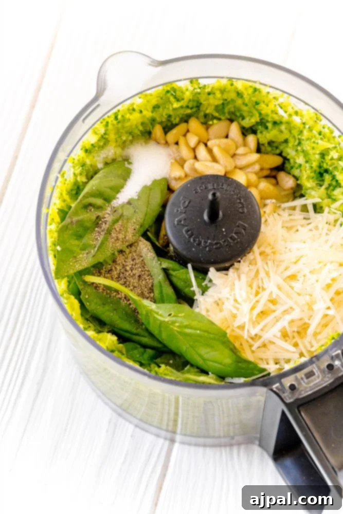 A food processor brimming with green ingredients for an easy broccoli pesto recipe, including basil, pine nuts, and other fresh herbs.