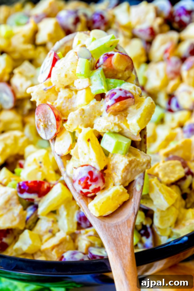 Spoon holding a scoop of delicious homemade chicken salad with fruit