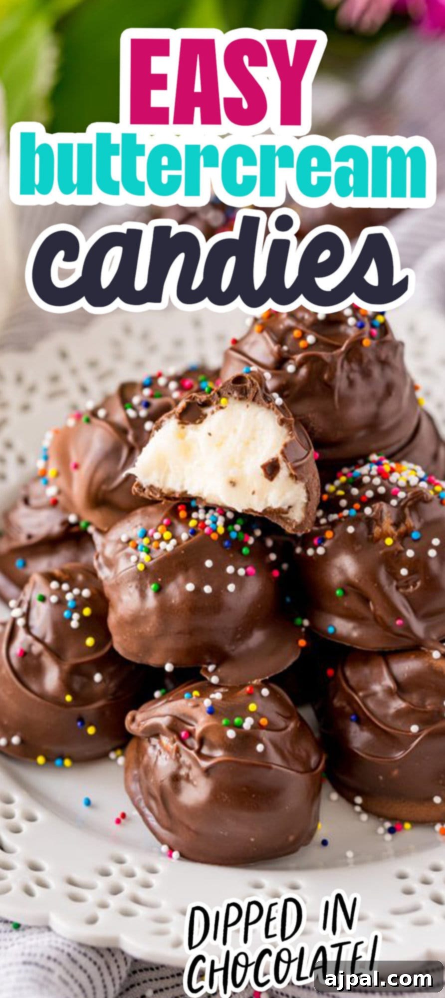 A vibrant image of buttercream candies generously dipped in rich chocolate, highlighting their smooth coating and inviting texture.