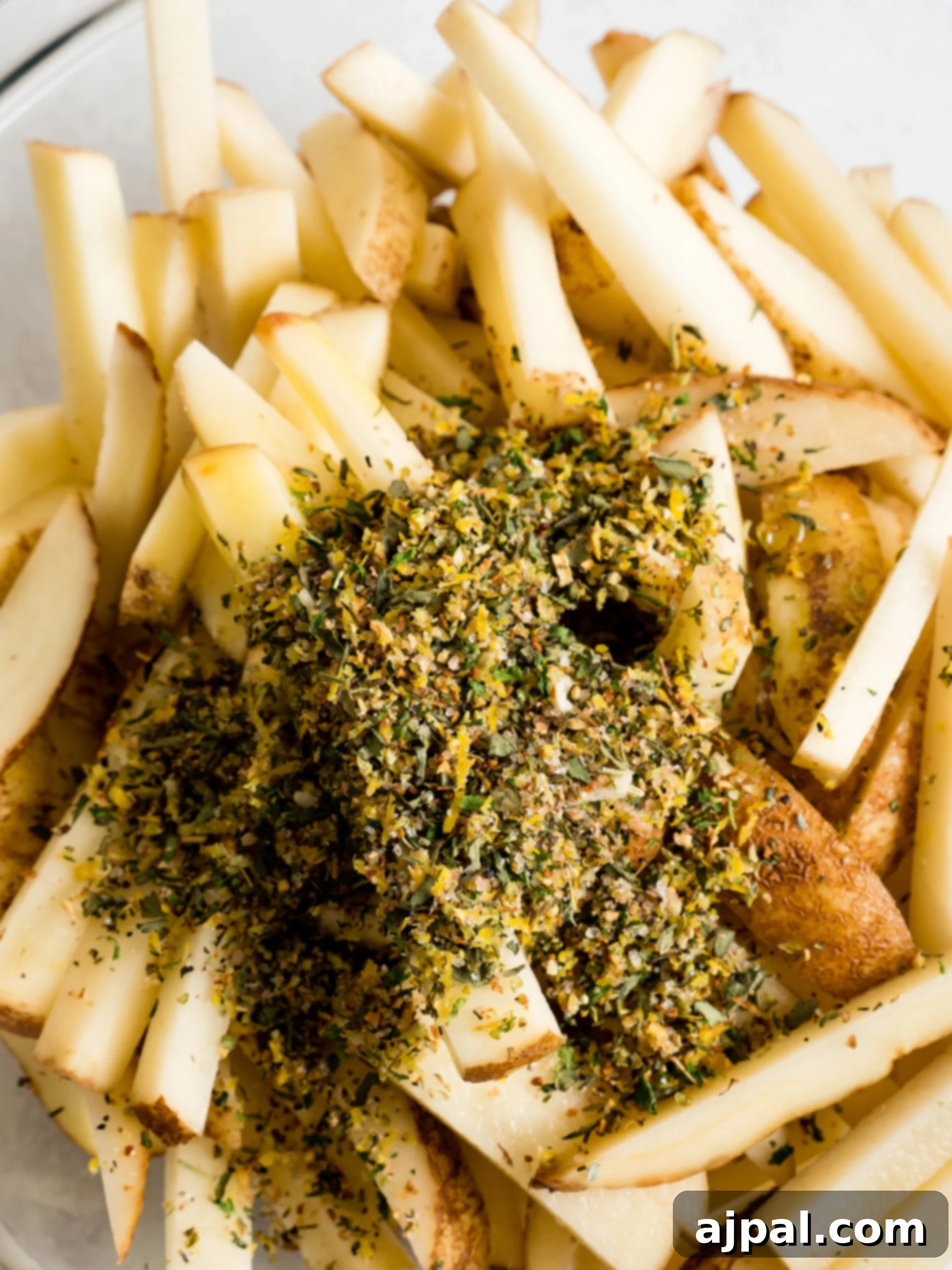 Seasoning being sprinkled over potato sticks for air frying.