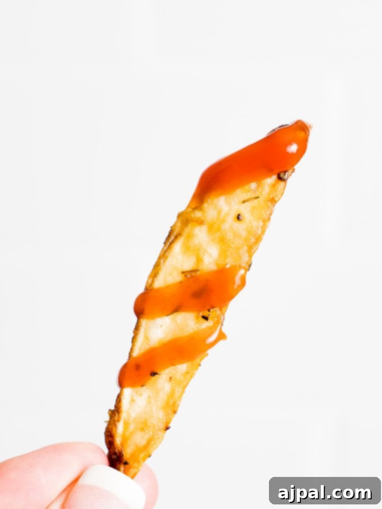 Close-up of a perfectly crispy air fryer French fry dipped in ketchup, highlighting its golden texture.