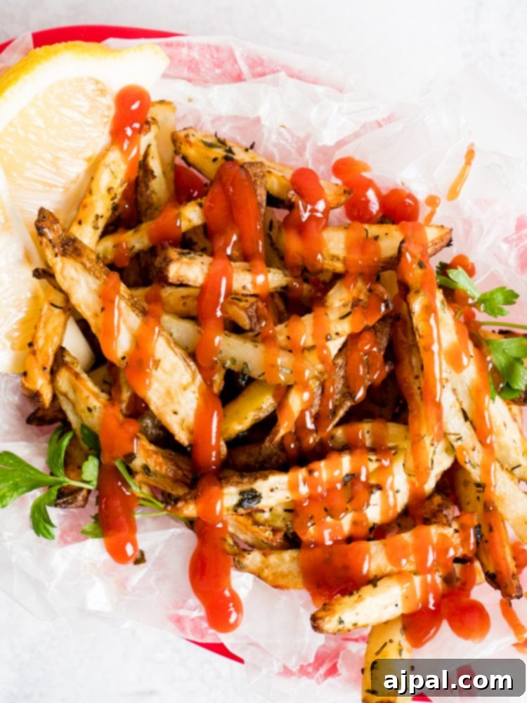 A large basket overflowing with crispy lemon garlic French fries.