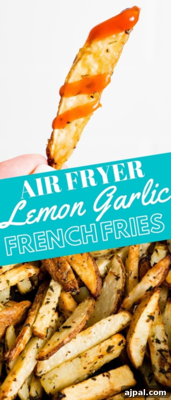 A full basket of golden, crispy lemon garlic air fryer French fries.