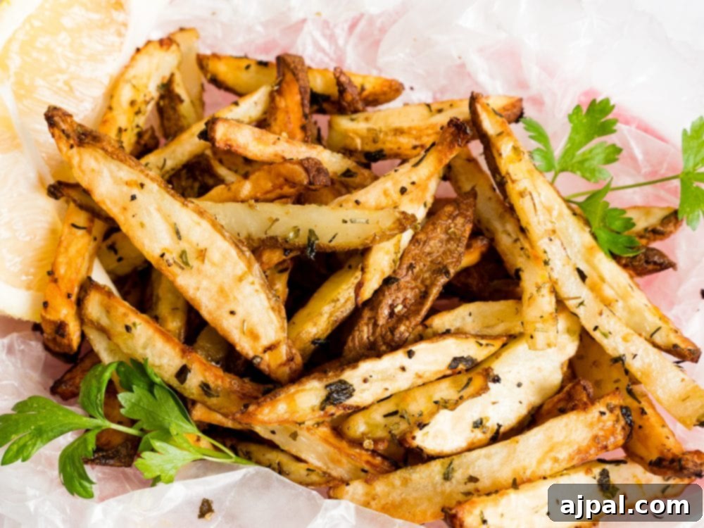 Basket of perfectly seasoned lemon garlic air fryer French fries, golden and crispy.