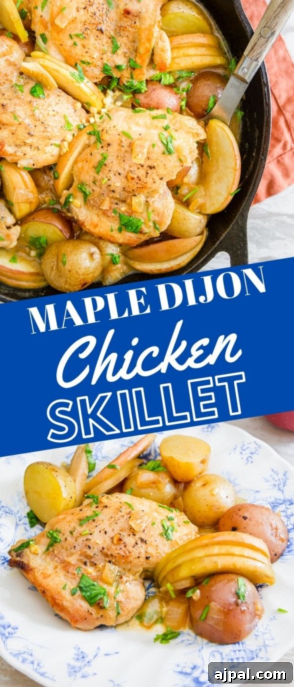 picture of chicken thighs in a skillet with potatoes and apples