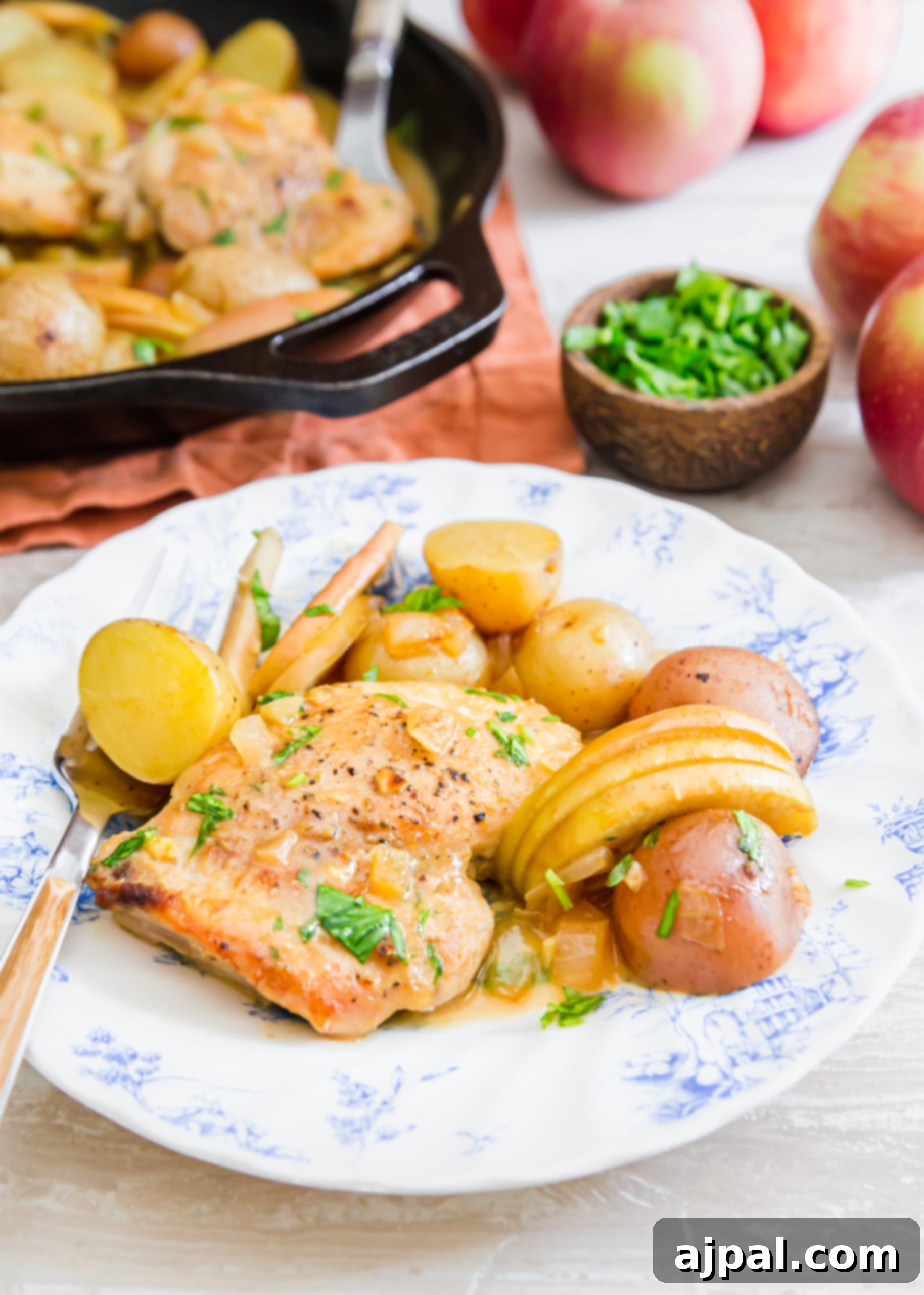 picture of chicken thigh, potatoes, apple slices in a mustard sauce on a plate