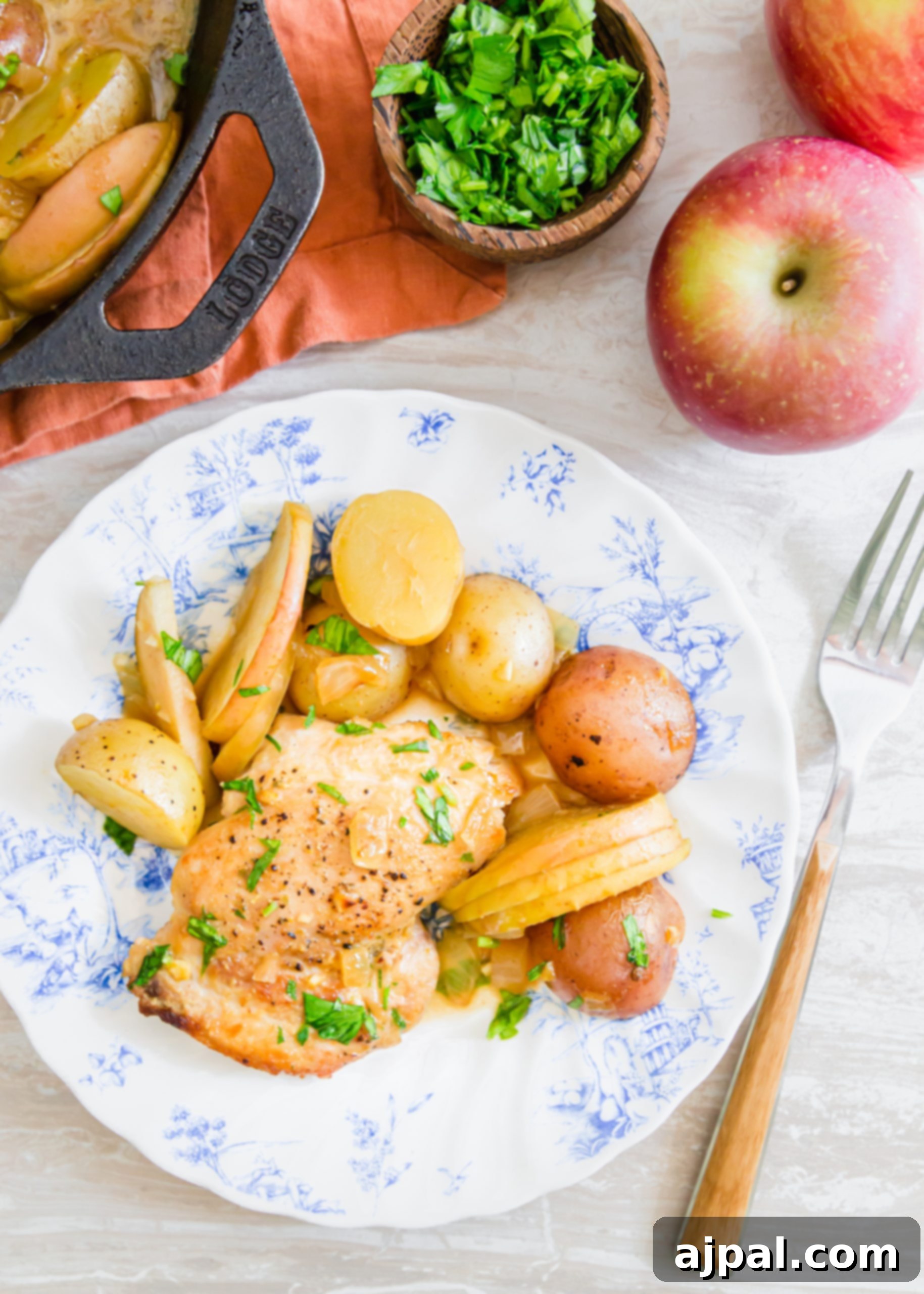 picture of chicken thigh, potatoes, apple slices in a mustard sauce on a plate