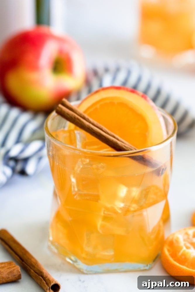 A refreshing glass of Sparkling Apple Cider Rum Punch, garnished with a crisp apple slice, a fragrant cinnamon stick, and a vibrant orange slice, ready for a fall celebration.