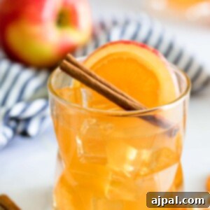 A glass of orange juice garnished with cinnamon sticks and orange slices.