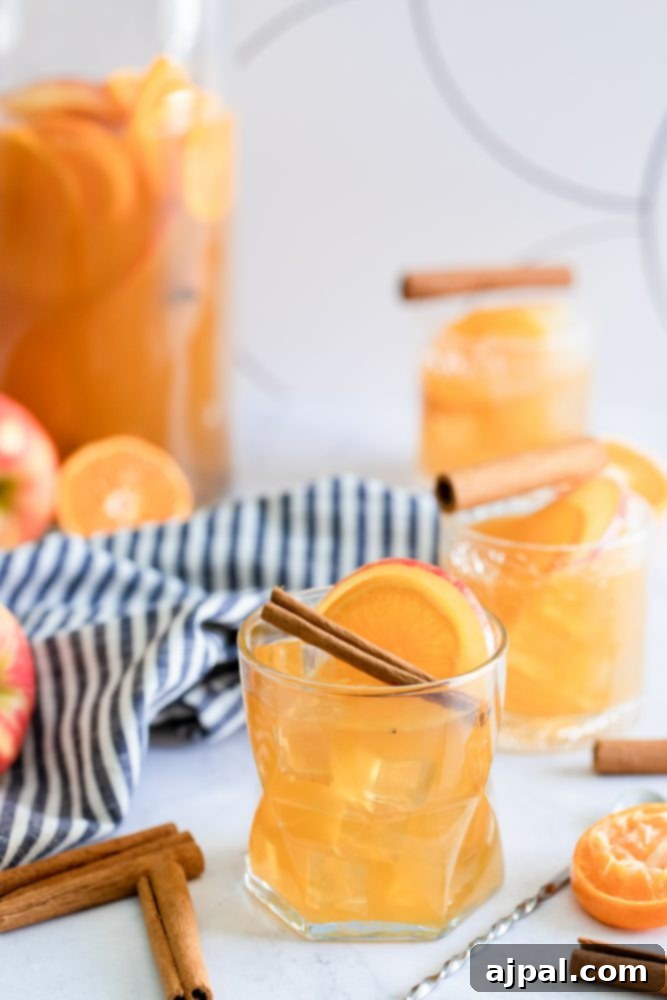 A close-up of a glass of amber-colored Apple Cider Rum Punch, garnished with a slender cinnamon stick and a crisp apple slice, showcasing its inviting autumnal appeal.