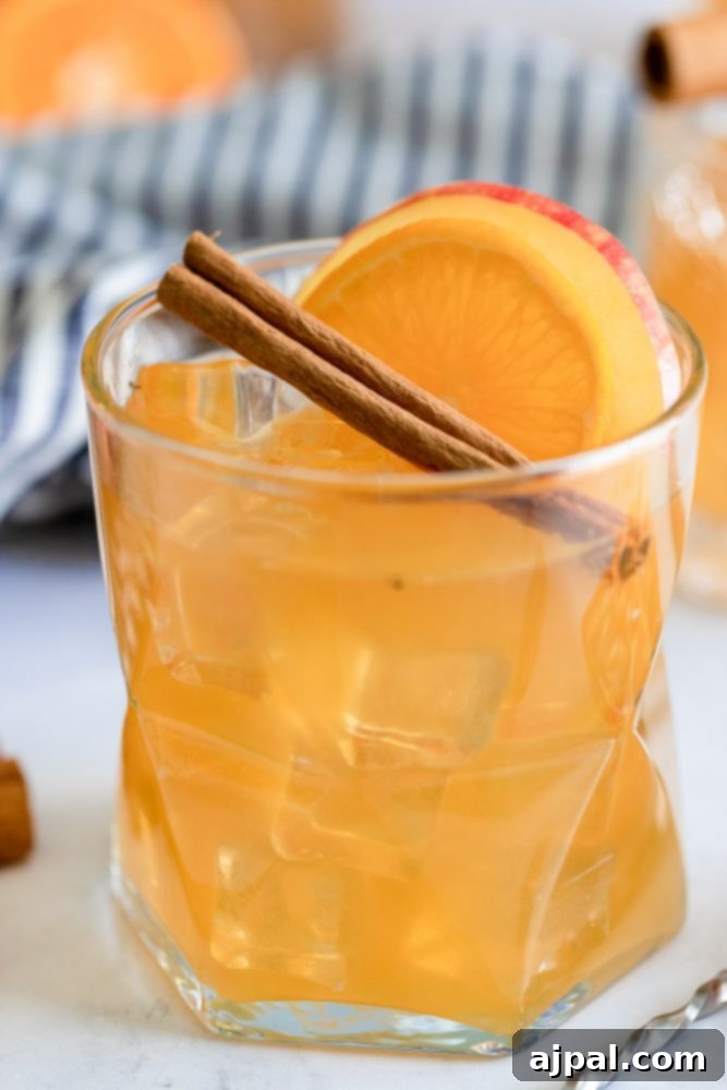 A close-up shot of a glass filled with effervescent Sparkling Apple Cider Rum Punch, adorned with a vibrant orange slice and a warm cinnamon stick, ready to be enjoyed.