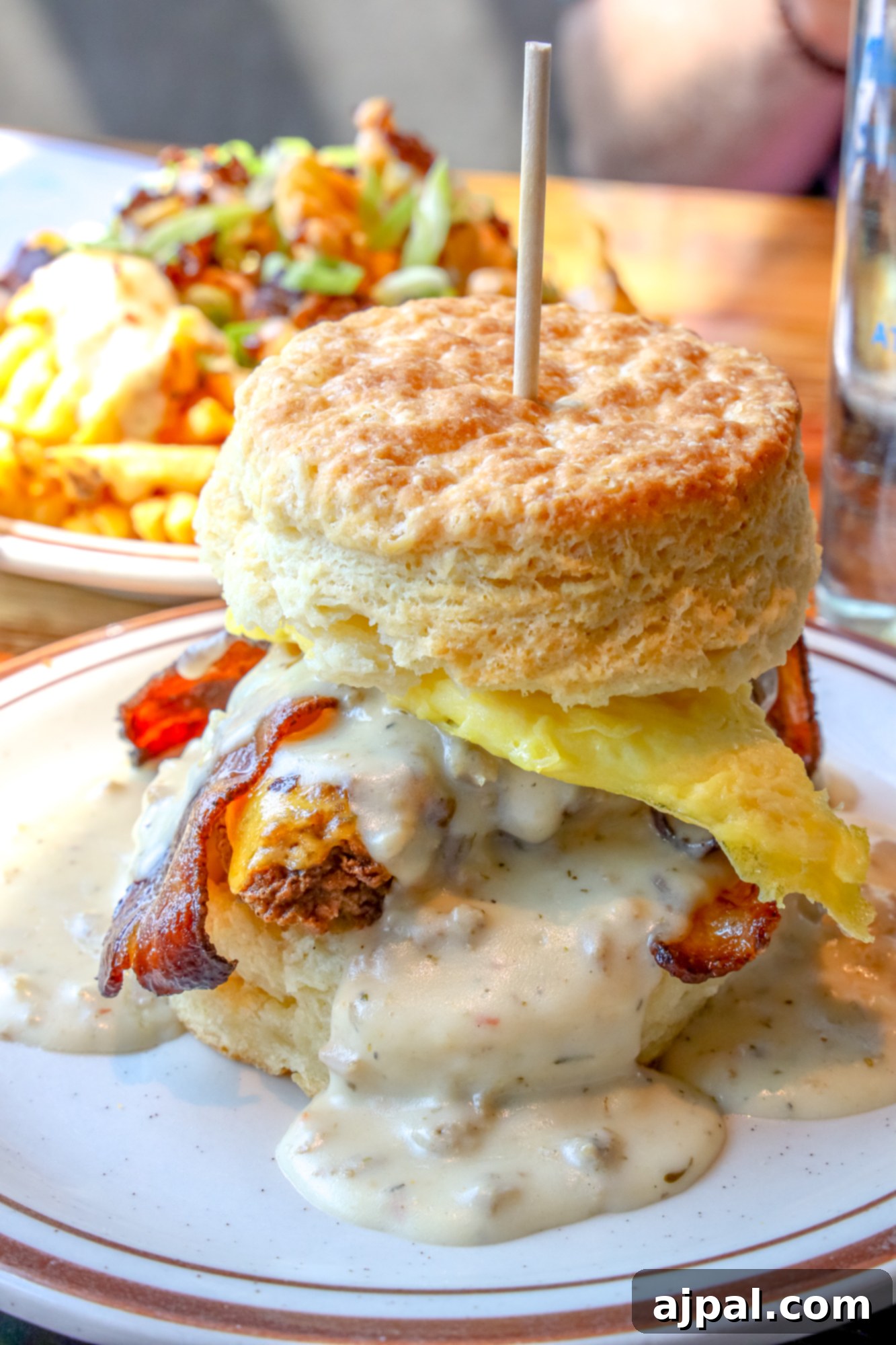 A savory biscuit topped with rich gravy, a classic Southern Colorado road trip snack.