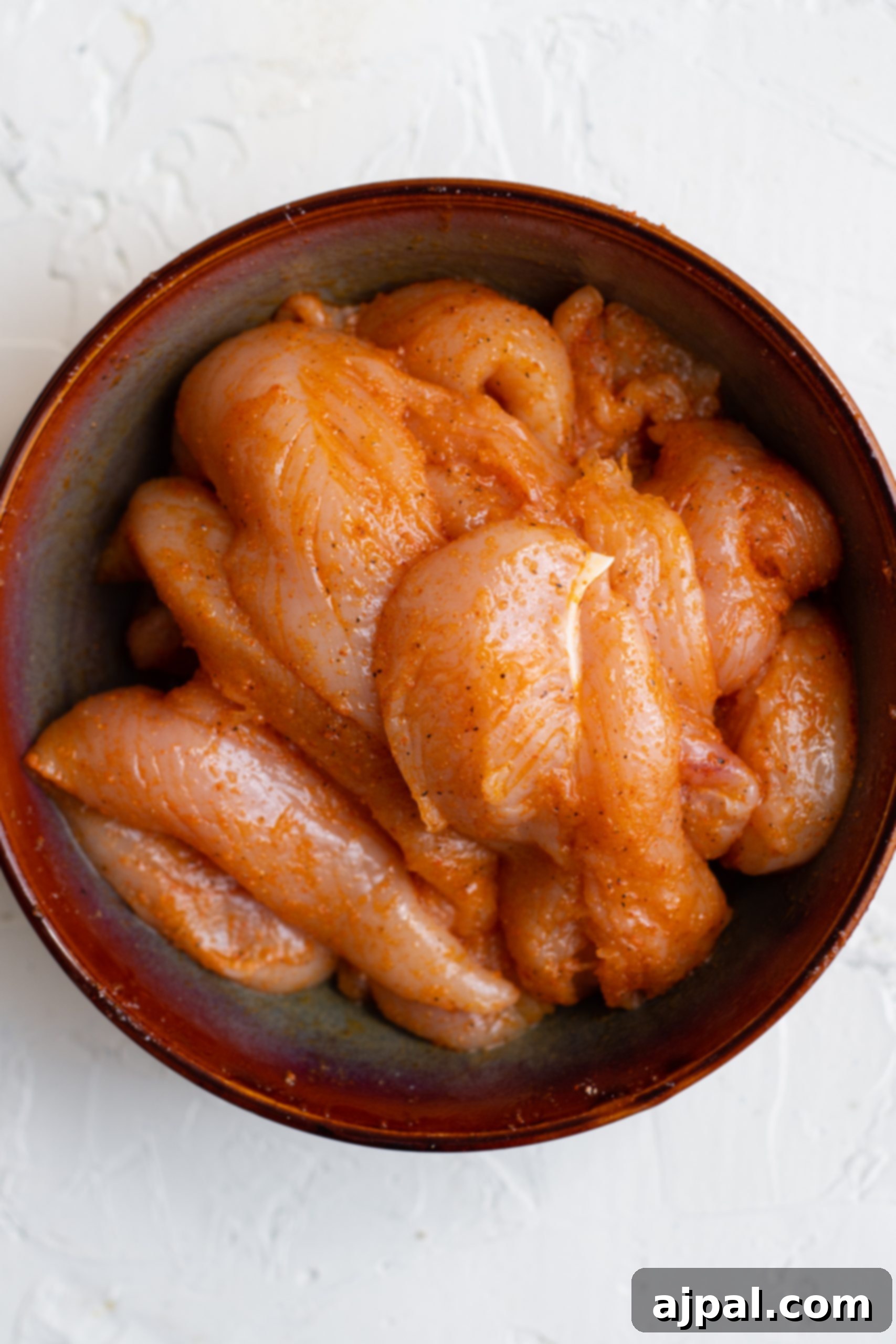 Crunchy Doritos Chicken Casserole 7 A bowl of Doritos chicken casserole in a brown bowl on a white surface.