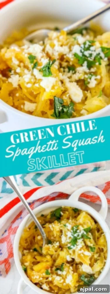 A bowl of green chile spaghetti squash, topped with cheese and ready for serving.